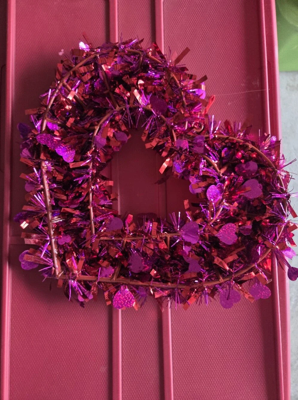 Sparkling Pink And Red Heart Tinsel Wreath - Home Holiday Decor